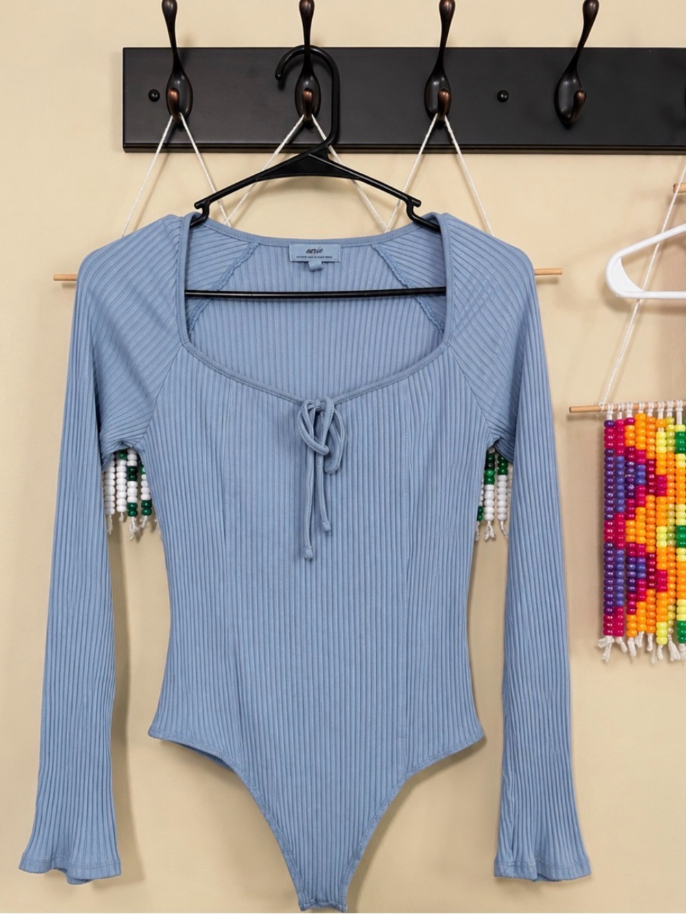 aerie Dusty Blue Ribbed Long-Sleeve Tie-Front Bodysuit